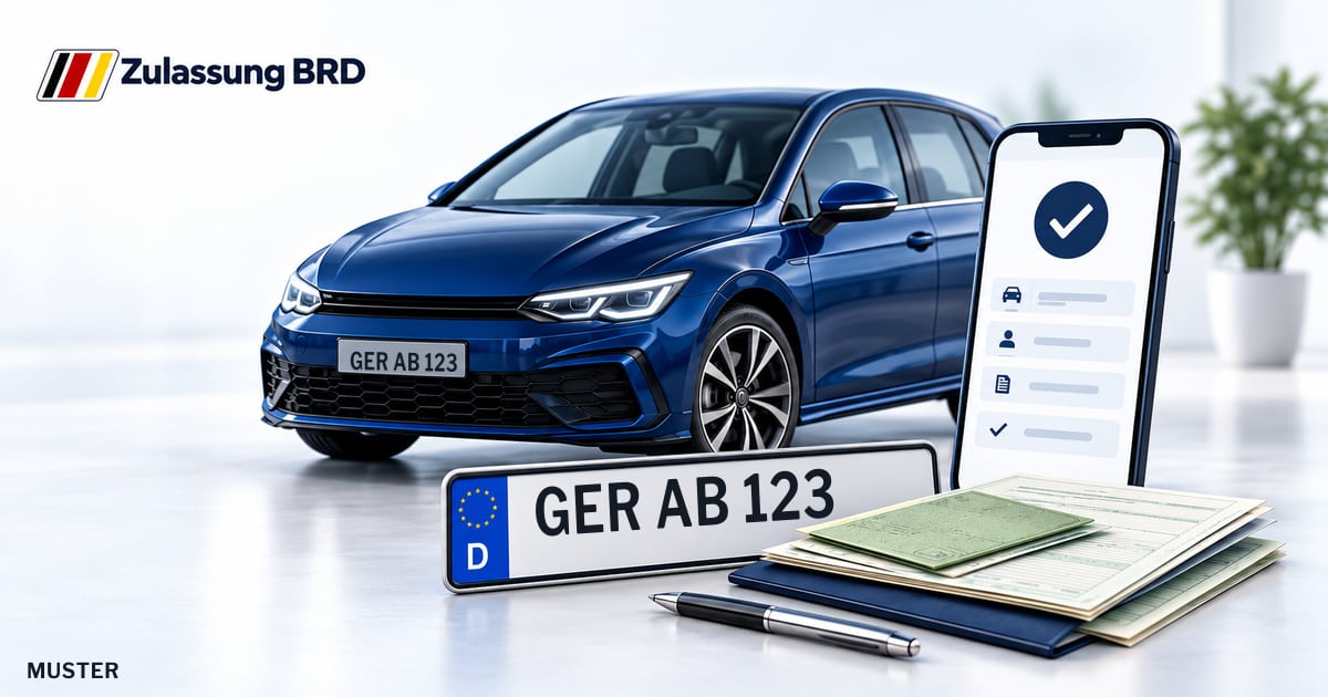Online Fahrzeugzulassung in Wörth am Rhein: Musterkennzeichen GER AB 123, Auto und Fahrzeugpapiere und Smartphone. Illustration mit Logo von Zulassung BRD.